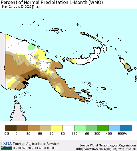 Papua New Guinea Percent of Normal Precipitation 1-Month (WMO) Thematic Map For 5/21/2022 - 6/20/2022