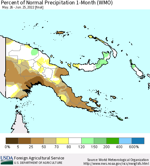 Papua New Guinea Percent of Normal Precipitation 1-Month (WMO) Thematic Map For 5/26/2022 - 6/25/2022