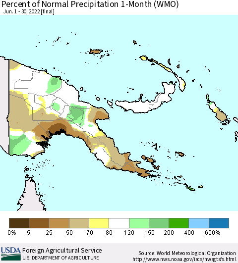 Papua New Guinea Percent of Normal Precipitation 1-Month (WMO) Thematic Map For 6/1/2022 - 6/30/2022