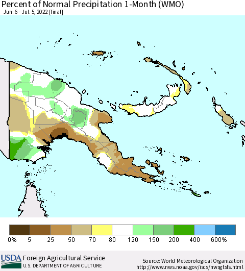 Papua New Guinea Percent of Normal Precipitation 1-Month (WMO) Thematic Map For 6/6/2022 - 7/5/2022