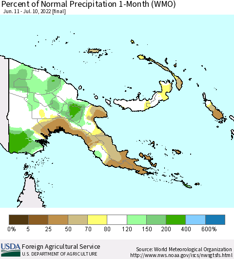 Papua New Guinea Percent of Normal Precipitation 1-Month (WMO) Thematic Map For 6/11/2022 - 7/10/2022