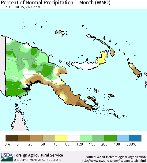 Papua New Guinea Percent of Normal Precipitation 1-Month (WMO) Thematic Map For 6/16/2022 - 7/15/2022