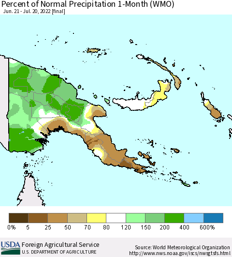 Papua New Guinea Percent of Normal Precipitation 1-Month (WMO) Thematic Map For 6/21/2022 - 7/20/2022