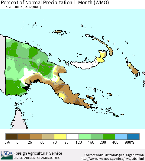 Papua New Guinea Percent of Normal Precipitation 1-Month (WMO) Thematic Map For 6/26/2022 - 7/25/2022