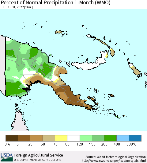 Papua New Guinea Percent of Normal Precipitation 1-Month (WMO) Thematic Map For 7/1/2022 - 7/31/2022