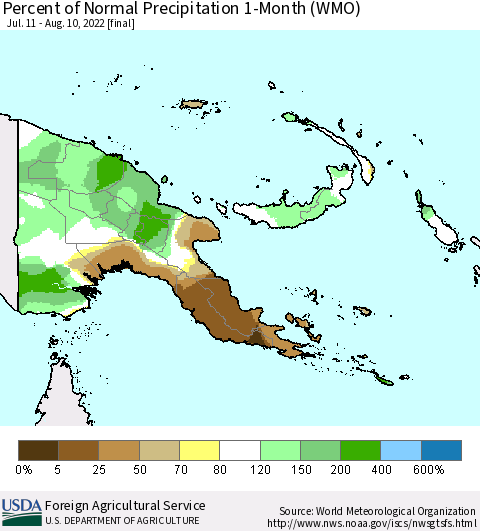 Papua New Guinea Percent of Normal Precipitation 1-Month (WMO) Thematic Map For 7/11/2022 - 8/10/2022