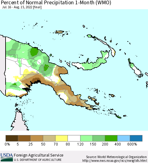 Papua New Guinea Percent of Normal Precipitation 1-Month (WMO) Thematic Map For 7/16/2022 - 8/15/2022