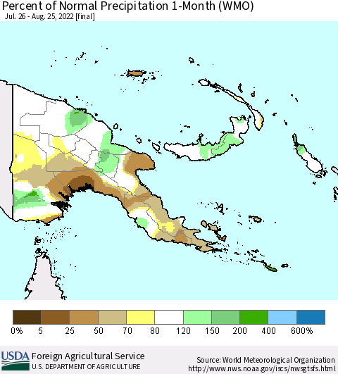 Papua New Guinea Percent of Normal Precipitation 1-Month (WMO) Thematic Map For 7/26/2022 - 8/25/2022