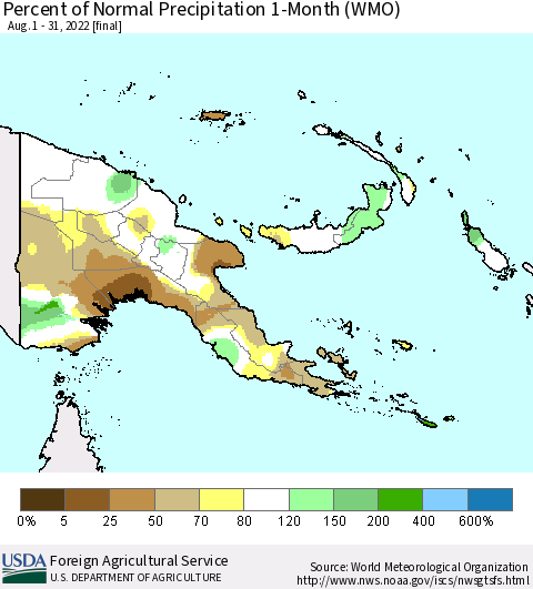 Papua New Guinea Percent of Normal Precipitation 1-Month (WMO) Thematic Map For 8/1/2022 - 8/31/2022