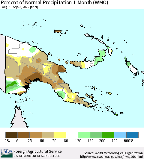 Papua New Guinea Percent of Normal Precipitation 1-Month (WMO) Thematic Map For 8/6/2022 - 9/5/2022