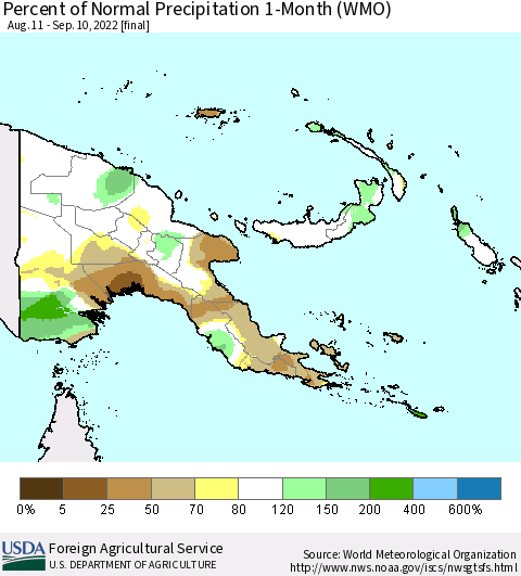 Papua New Guinea Percent of Normal Precipitation 1-Month (WMO) Thematic Map For 8/11/2022 - 9/10/2022