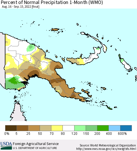 Papua New Guinea Percent of Normal Precipitation 1-Month (WMO) Thematic Map For 8/16/2022 - 9/15/2022