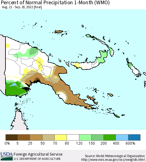 Papua New Guinea Percent of Normal Precipitation 1-Month (WMO) Thematic Map For 8/21/2022 - 9/20/2022