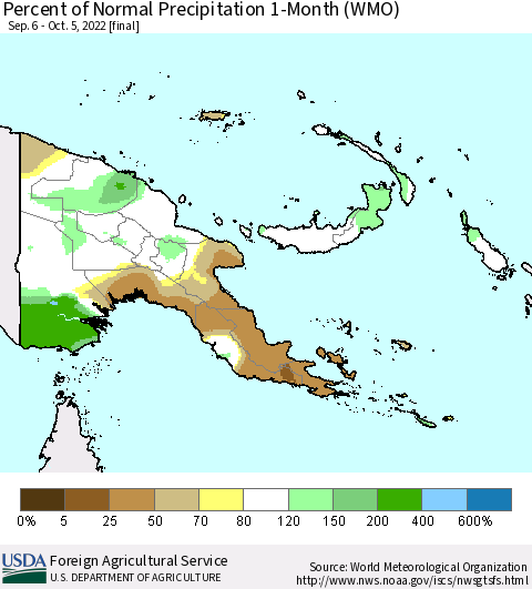 Papua New Guinea Percent of Normal Precipitation 1-Month (WMO) Thematic Map For 9/6/2022 - 10/5/2022