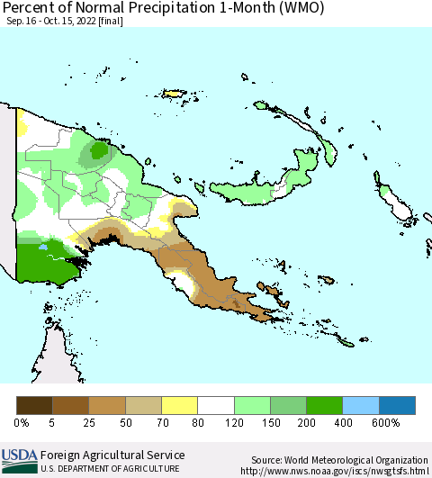 Papua New Guinea Percent of Normal Precipitation 1-Month (WMO) Thematic Map For 9/16/2022 - 10/15/2022