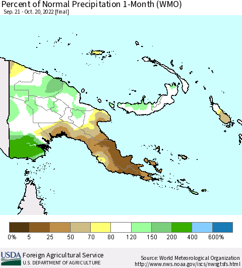 Papua New Guinea Percent of Normal Precipitation 1-Month (WMO) Thematic Map For 9/21/2022 - 10/20/2022