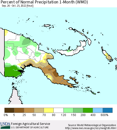 Papua New Guinea Percent of Normal Precipitation 1-Month (WMO) Thematic Map For 9/26/2022 - 10/25/2022