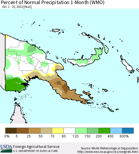 Papua New Guinea Percent of Normal Precipitation 1-Month (WMO) Thematic Map For 10/1/2022 - 10/31/2022