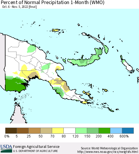 Papua New Guinea Percent of Normal Precipitation 1-Month (WMO) Thematic Map For 10/6/2022 - 11/5/2022