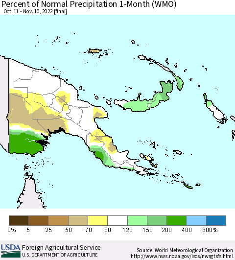 Papua New Guinea Percent of Normal Precipitation 1-Month (WMO) Thematic Map For 10/11/2022 - 11/10/2022