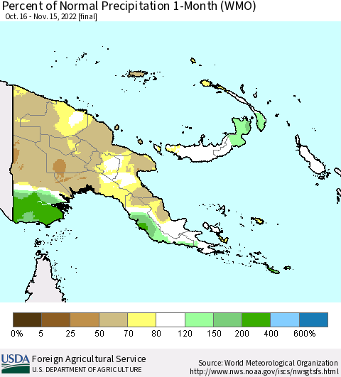 Papua New Guinea Percent of Normal Precipitation 1-Month (WMO) Thematic Map For 10/16/2022 - 11/15/2022