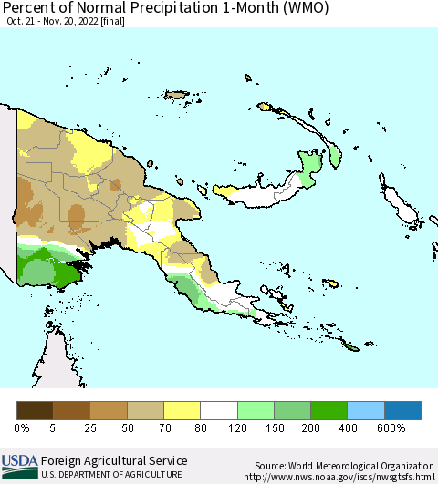 Papua New Guinea Percent of Normal Precipitation 1-Month (WMO) Thematic Map For 10/21/2022 - 11/20/2022