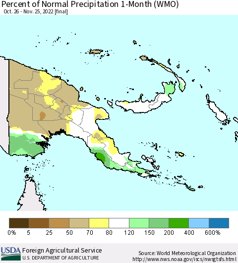 Papua New Guinea Percent of Normal Precipitation 1-Month (WMO) Thematic Map For 10/26/2022 - 11/25/2022