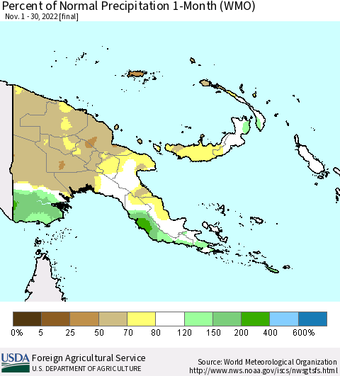 Papua New Guinea Percent of Normal Precipitation 1-Month (WMO) Thematic Map For 11/1/2022 - 11/30/2022