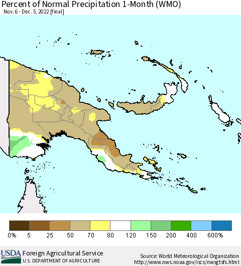 Papua New Guinea Percent of Normal Precipitation 1-Month (WMO) Thematic Map For 11/6/2022 - 12/5/2022