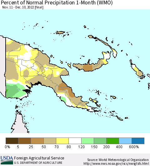 Papua New Guinea Percent of Normal Precipitation 1-Month (WMO) Thematic Map For 11/11/2022 - 12/10/2022
