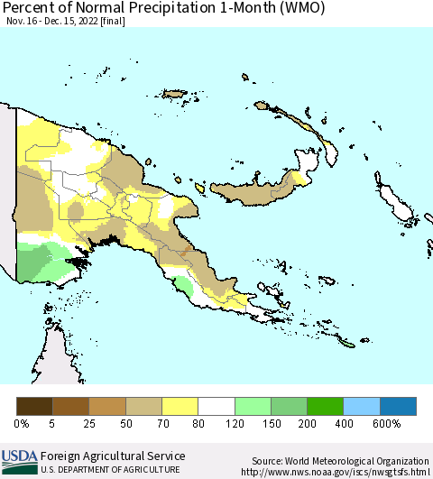 Papua New Guinea Percent of Normal Precipitation 1-Month (WMO) Thematic Map For 11/16/2022 - 12/15/2022