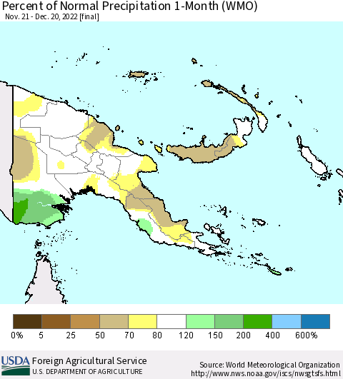 Papua New Guinea Percent of Normal Precipitation 1-Month (WMO) Thematic Map For 11/21/2022 - 12/20/2022