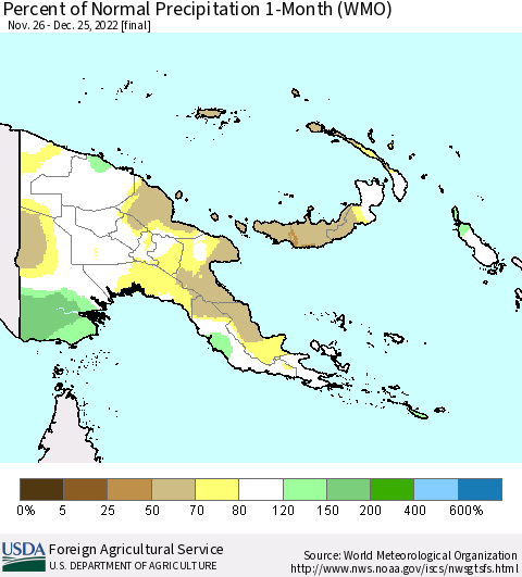 Papua New Guinea Percent of Normal Precipitation 1-Month (WMO) Thematic Map For 11/26/2022 - 12/25/2022