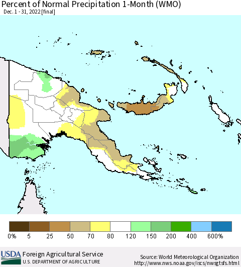 Papua New Guinea Percent of Normal Precipitation 1-Month (WMO) Thematic Map For 12/1/2022 - 12/31/2022