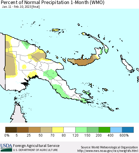 Papua New Guinea Percent of Normal Precipitation 1-Month (WMO) Thematic Map For 1/11/2023 - 2/10/2023