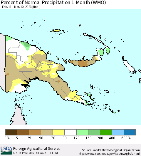 Papua New Guinea Percent of Normal Precipitation 1-Month (WMO) Thematic Map For 2/11/2023 - 3/10/2023