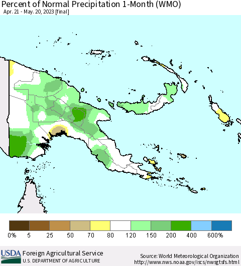 Papua New Guinea Percent of Normal Precipitation 1-Month (WMO) Thematic Map For 4/21/2023 - 5/20/2023