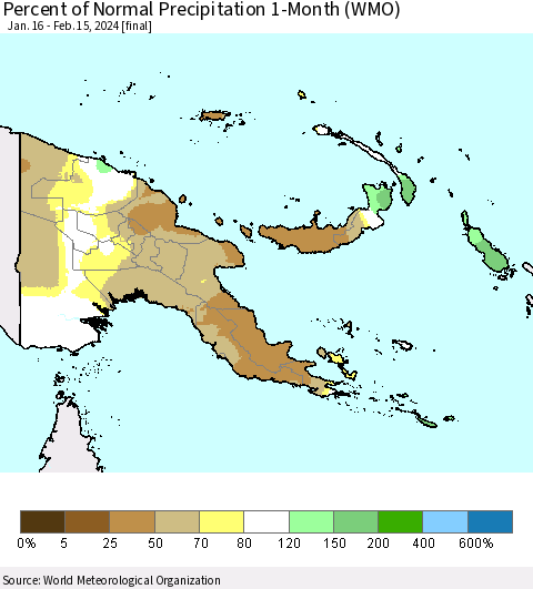 Papua New Guinea Percent of Normal Precipitation 1-Month (WMO) Thematic Map For 1/16/2024 - 2/15/2024