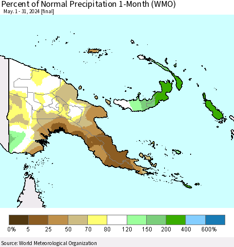 Papua New Guinea Percent of Normal Precipitation 1-Month (WMO) Thematic Map For 5/1/2024 - 5/31/2024