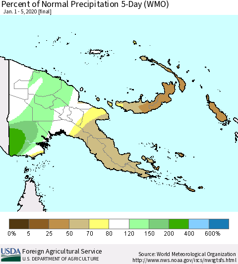 Papua New Guinea Percent of Normal Precipitation 5-Day (WMO) Thematic Map For 1/1/2020 - 1/5/2020