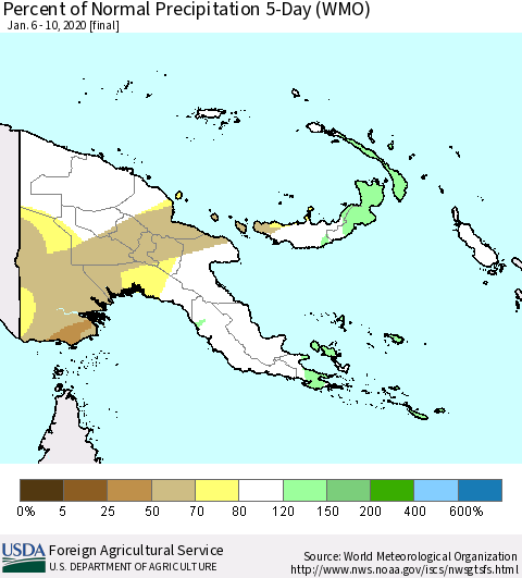 Papua New Guinea Percent of Normal Precipitation 5-Day (WMO) Thematic Map For 1/6/2020 - 1/10/2020