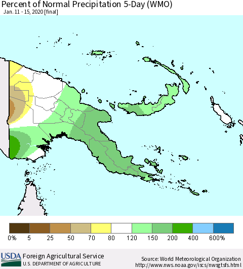 Papua New Guinea Percent of Normal Precipitation 5-Day (WMO) Thematic Map For 1/11/2020 - 1/15/2020