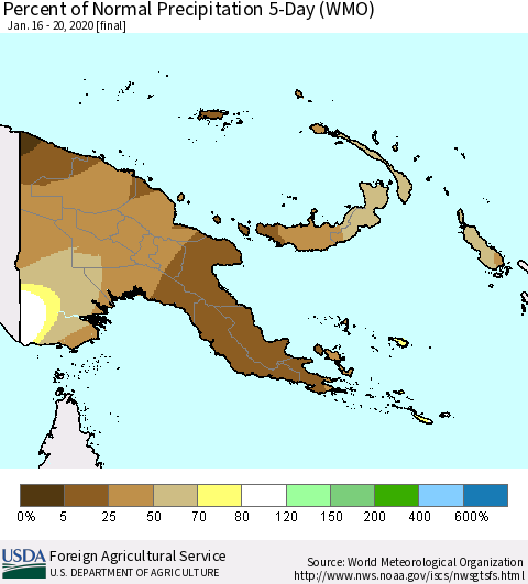 Papua New Guinea Percent of Normal Precipitation 5-Day (WMO) Thematic Map For 1/16/2020 - 1/20/2020