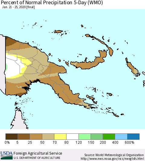 Papua New Guinea Percent of Normal Precipitation 5-Day (WMO) Thematic Map For 1/21/2020 - 1/25/2020