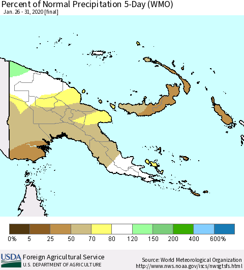 Papua New Guinea Percent of Normal Precipitation 5-Day (WMO) Thematic Map For 1/26/2020 - 1/31/2020