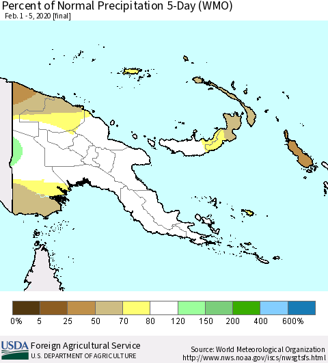 Papua New Guinea Percent of Normal Precipitation 5-Day (WMO) Thematic Map For 2/1/2020 - 2/5/2020