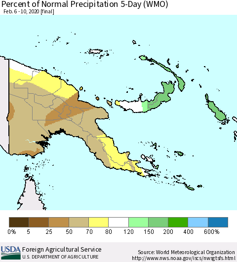 Papua New Guinea Percent of Normal Precipitation 5-Day (WMO) Thematic Map For 2/6/2020 - 2/10/2020