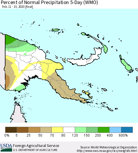 Papua New Guinea Percent of Normal Precipitation 5-Day (WMO) Thematic Map For 2/11/2020 - 2/15/2020