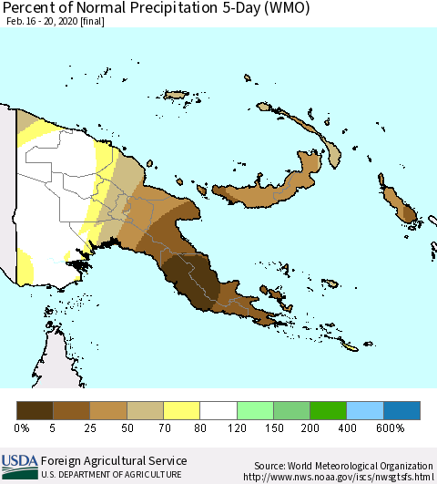 Papua New Guinea Percent of Normal Precipitation 5-Day (WMO) Thematic Map For 2/16/2020 - 2/20/2020