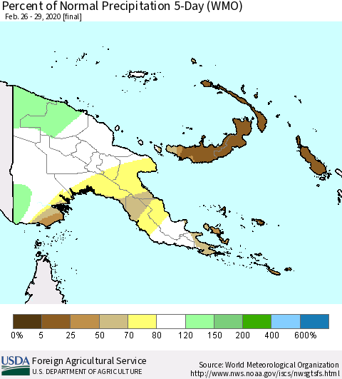 Papua New Guinea Percent of Normal Precipitation 5-Day (WMO) Thematic Map For 2/26/2020 - 2/29/2020